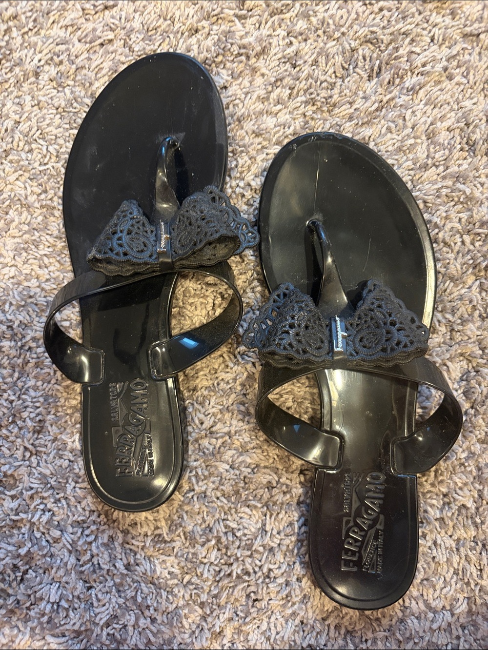 Salvatore Ferragamo Black Lace Bow Jelly Thong Sandals.